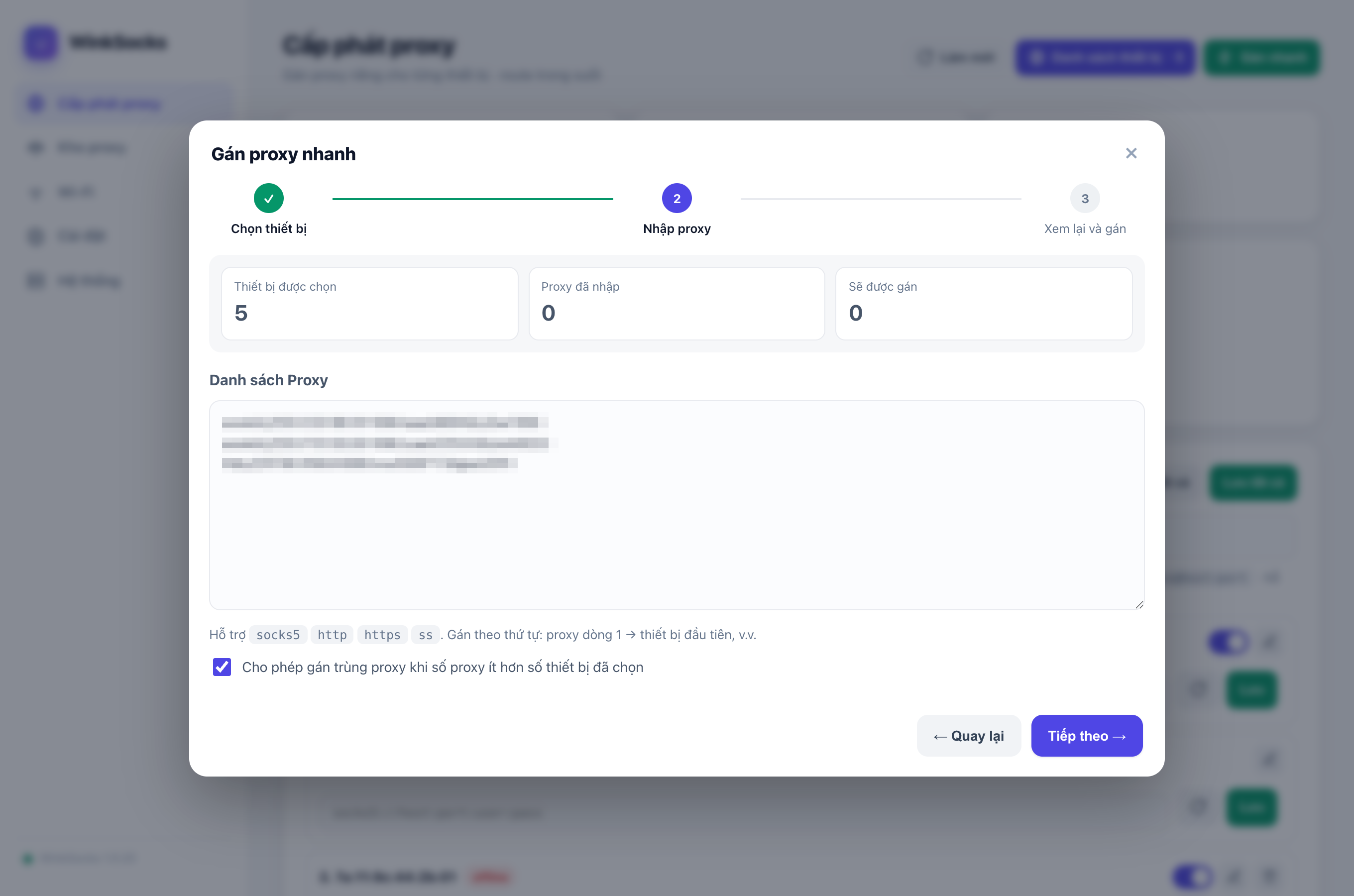 Gán nhanh bước 2 — nhập proxy